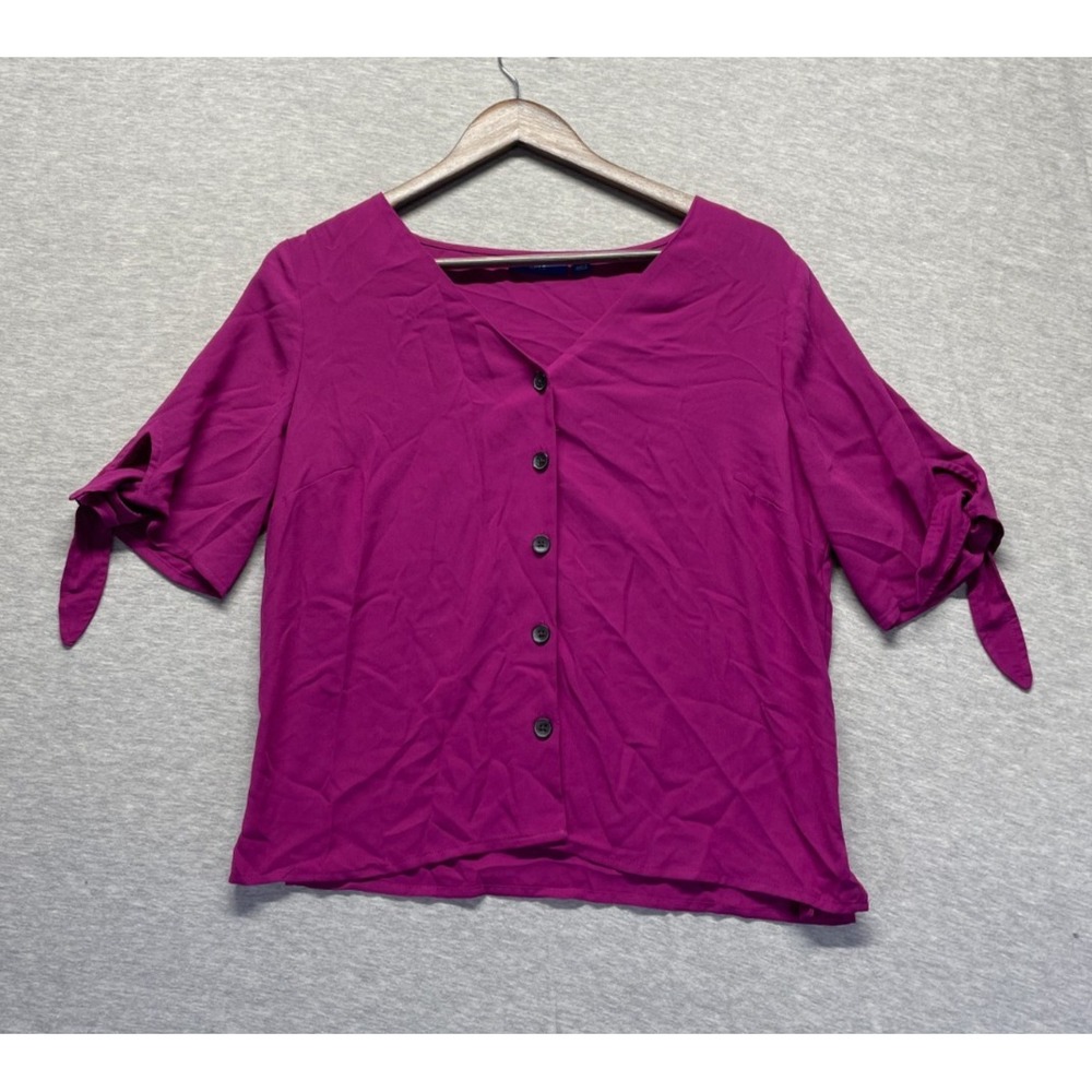 Apt. 9 Blouse Top Womens Medium Magenta Pink V Neck Tie Sleeve Buttonโ Front